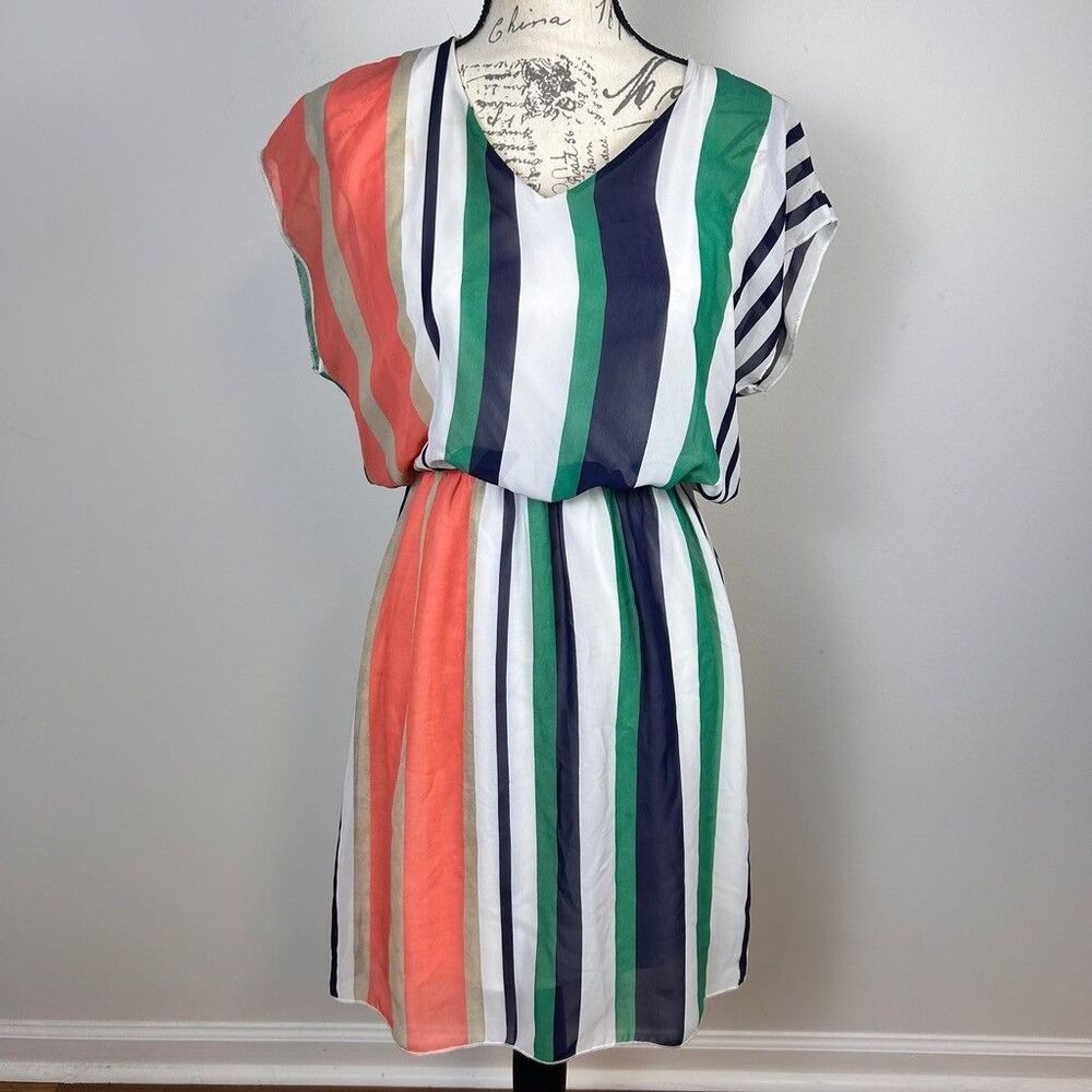 Espresso Colorblock Striped Chiffon Dress Womens Medium Green Orange Navy White